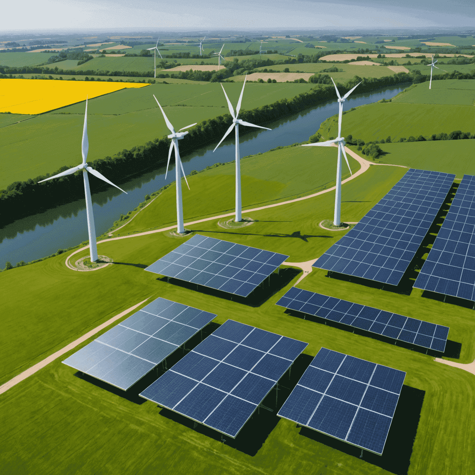 Ein Panoramabild von Windkraftanlagen und Solarmodulen in einer grünen Landschaft, das die Nutzung erneuerbarer Energien symbolisiert