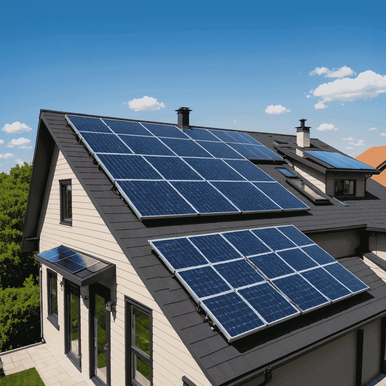 Eine moderne Solaranlage auf einem Hausdach mit strahlend blauem Himmel im Hintergrund