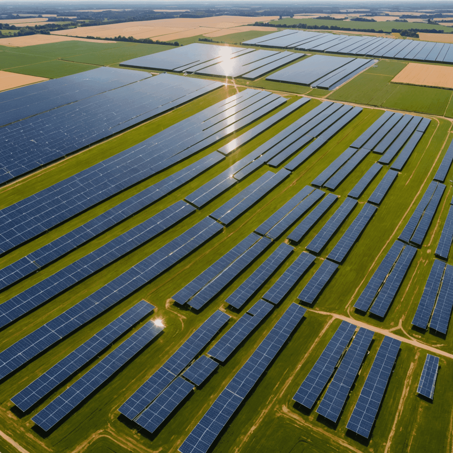 Eine Luftaufnahme eines großen Solarparks in Deutschland, der sich über weite Felder erstreckt. Die Solarmodule glänzen in der Sonne und symbolisieren den Fortschritt in der Solarenergie.