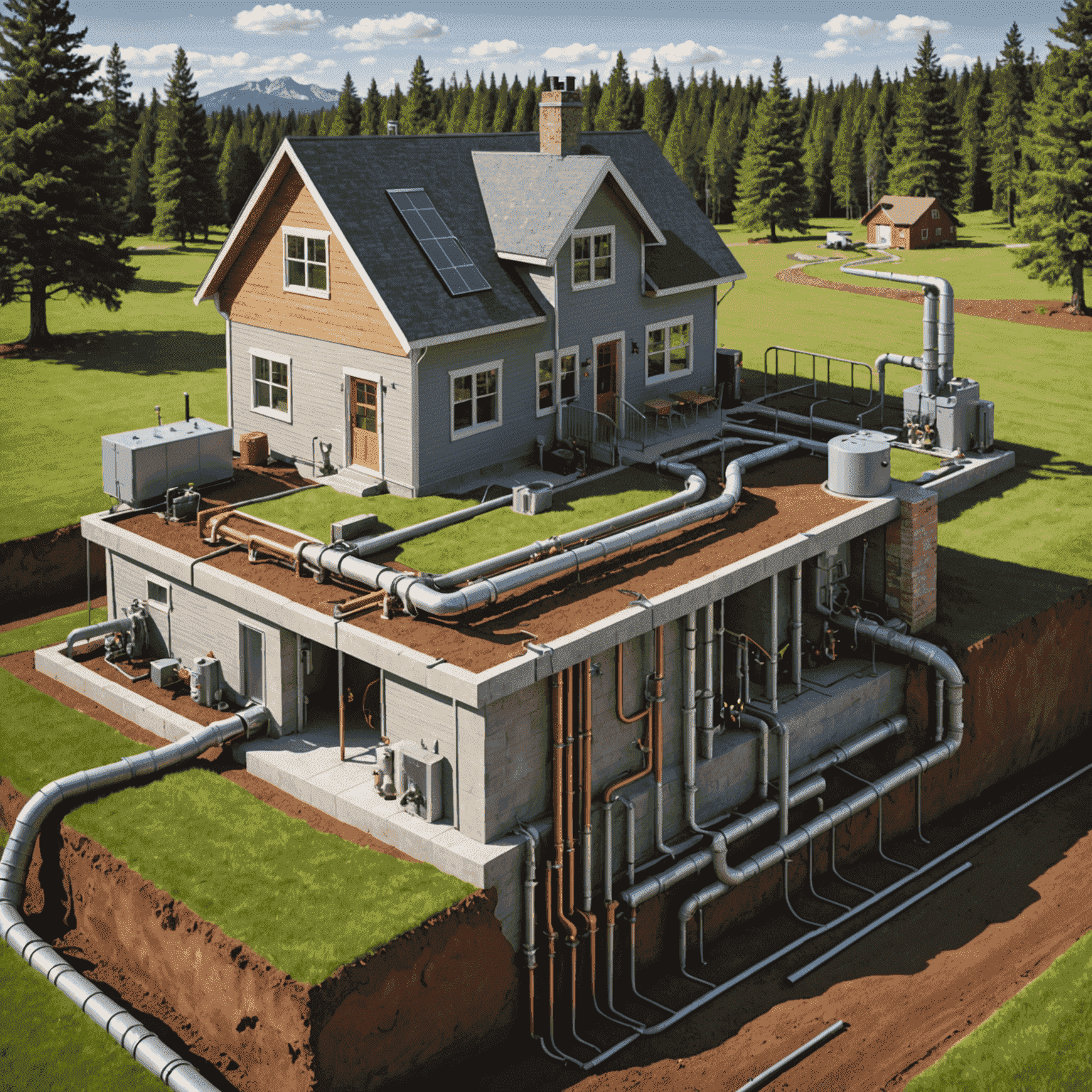 Schematische Darstellung einer geothermischen Anlage mit unterirdischen Rohren, die Erdwärme in ein Haus leiten