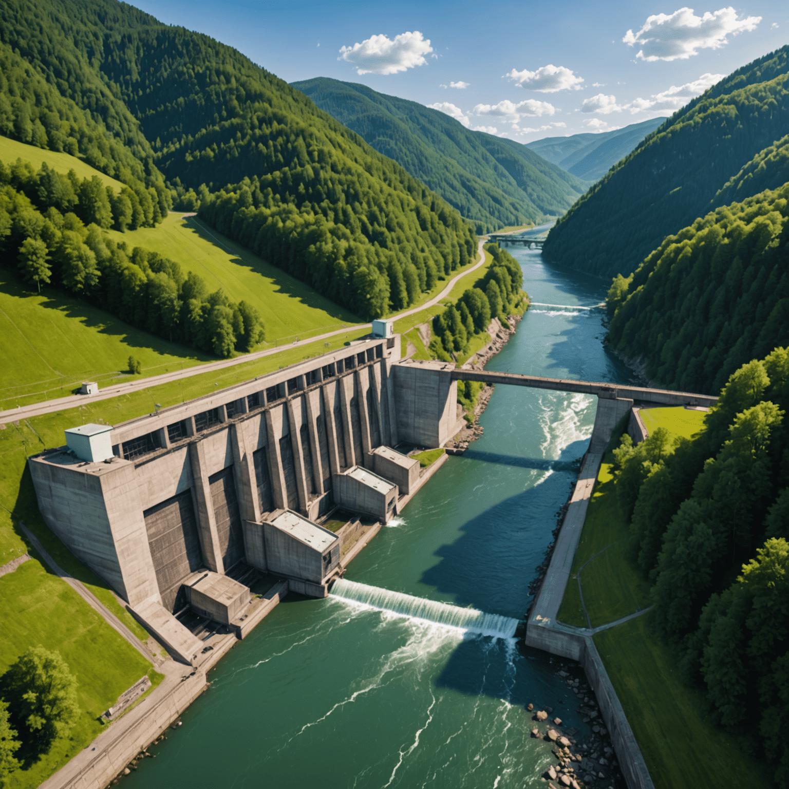 Ein modernes Wasserkraftwerk an einem Fluss in Deutschland, umgeben von grünen Hügeln und Wäldern