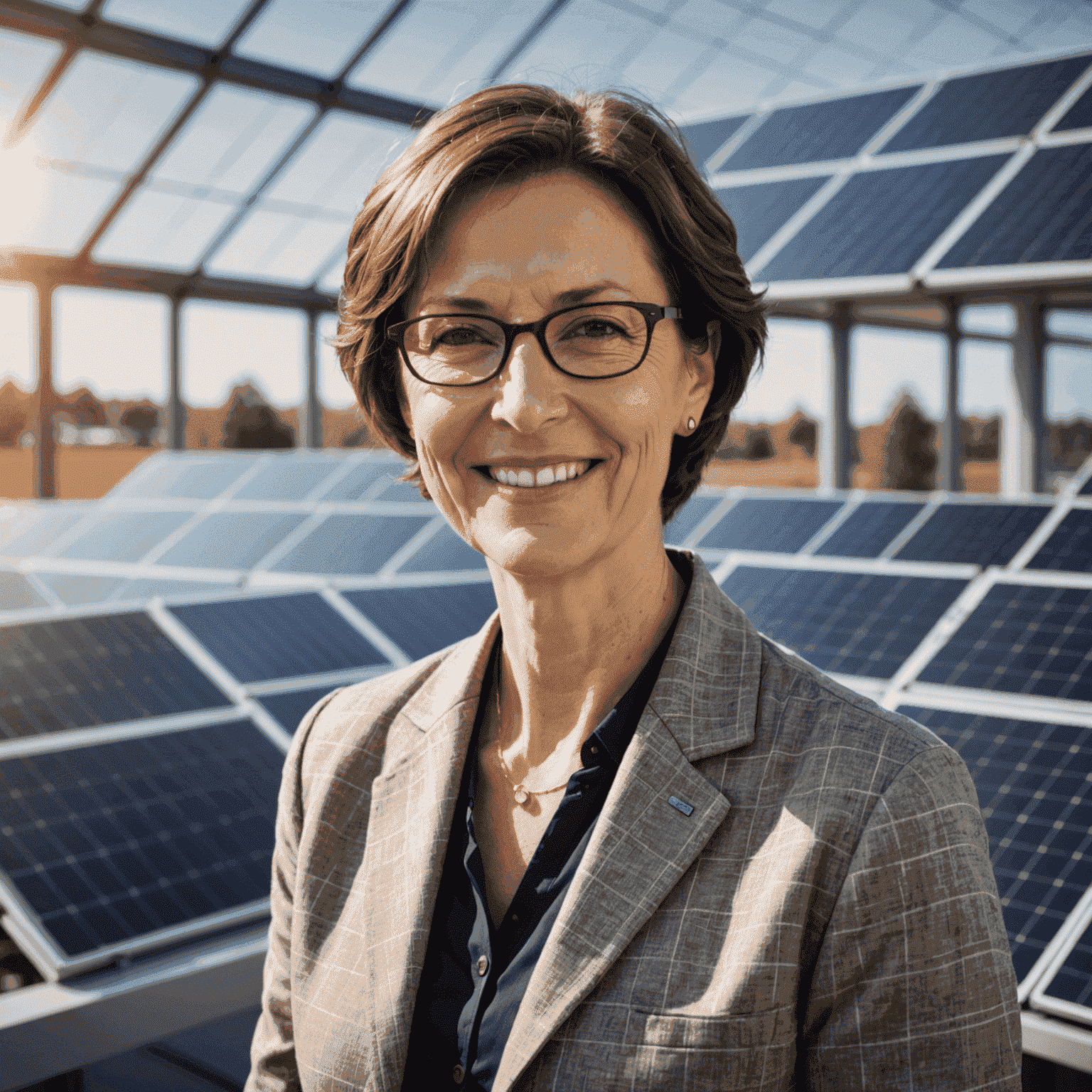 Porträt von Dr. Sabine Müller, einer Frau mittleren Alters mit kurzen braunen Haaren und einer Brille, die in einem Büro mit Solarpanelen im Hintergrund lächelt