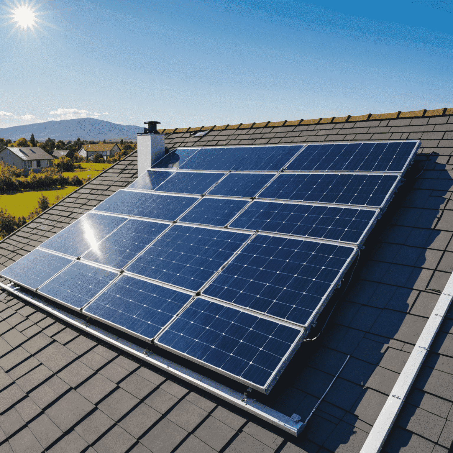 Eine moderne Solaranlage auf einem Hausdach mit strahlend blauem Himmel im Hintergrund. Die Solarpanels reflektieren das Sonnenlicht und symbolisieren die Nutzung erneuerbarer Energien.