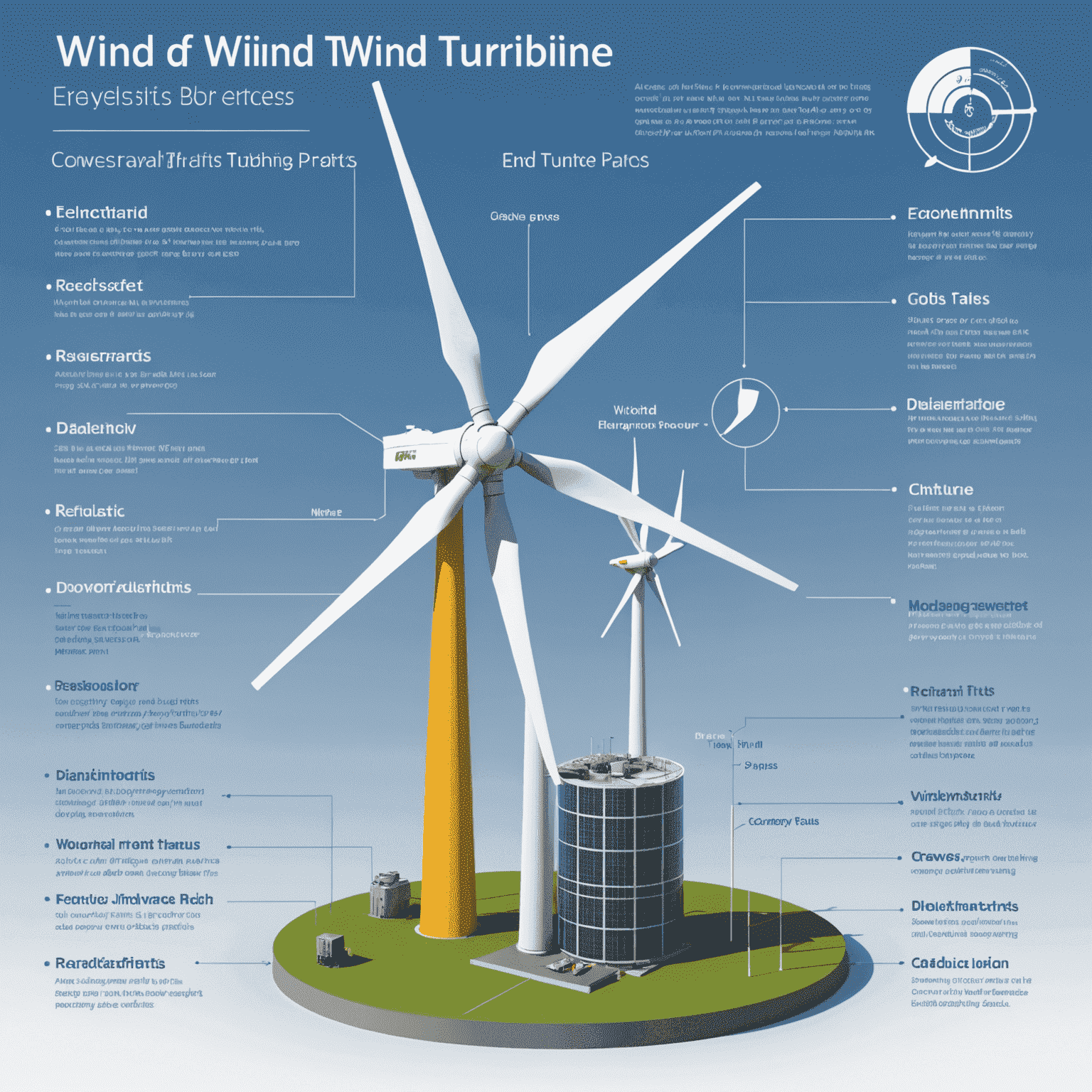 Schematische Darstellung einer Windturbine mit beschrifteten Teilen, die den Energieumwandlungsprozess zeigt