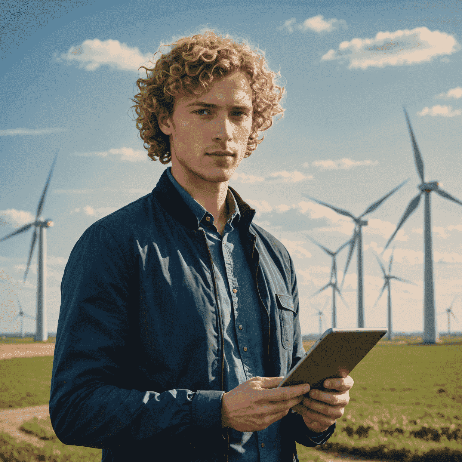 Porträt von Thomas Schmidt, einem jungen Mann mit lockigen blonden Haaren, der vor einem Windpark steht und ein Tablet in der Hand hält