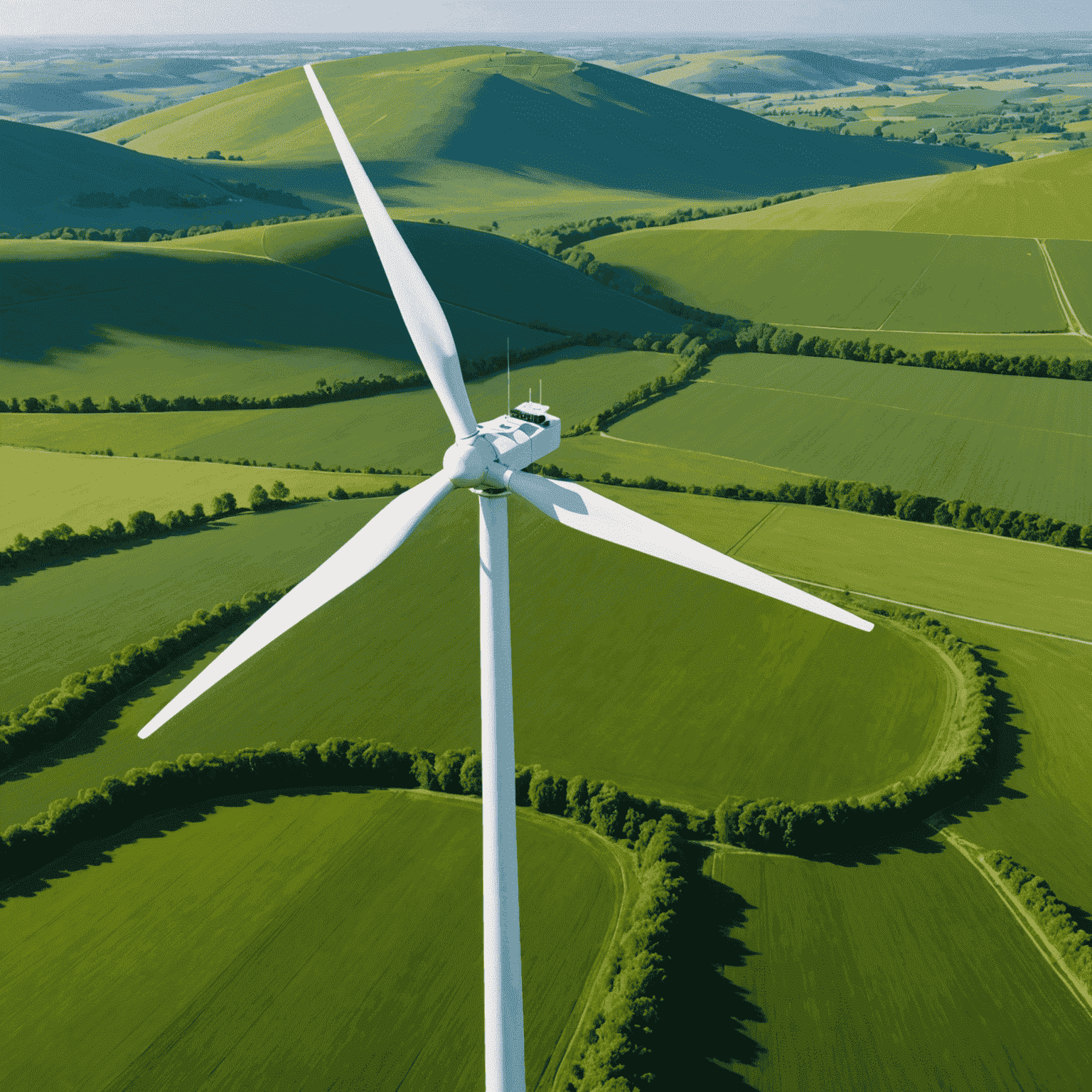 Eine majestätische Windkraftanlage inmitten einer grünen Landschaft. Die Rotorblätter drehen sich sanft im Wind, was die Kraft der Natur zur Energieerzeugung verdeutlicht.