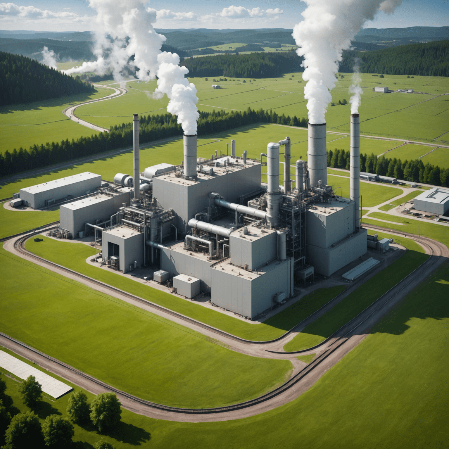 Ein modernes Geothermie-Kraftwerk mit Dampfaustritt und grüner Landschaft