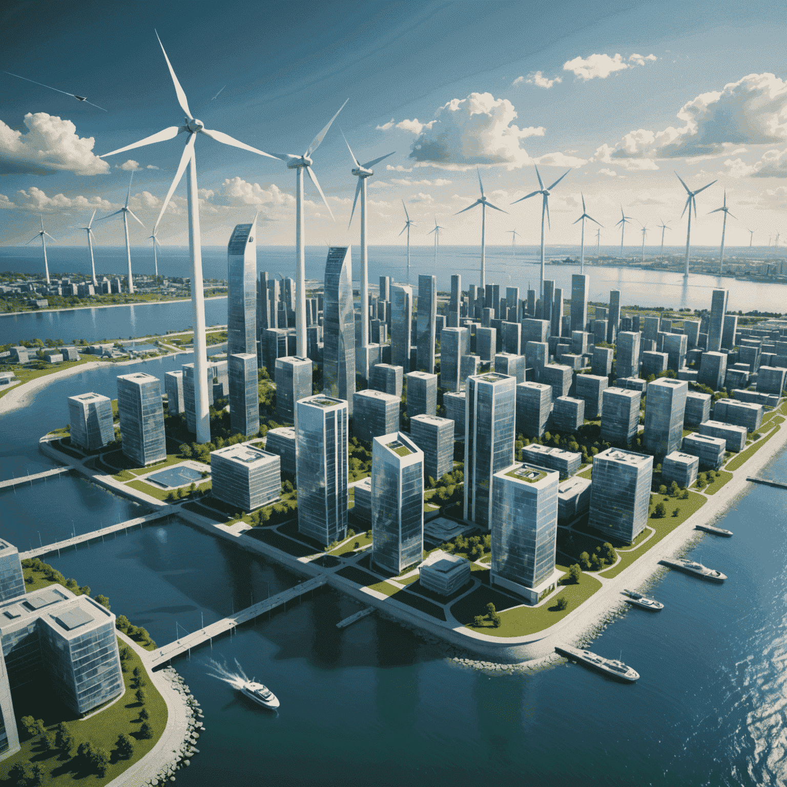 Futuristische Darstellung einer Stadt mit integrierten Windturbinen an Gebäuden und schwimmenden Offshore-Windparks im Hintergrund