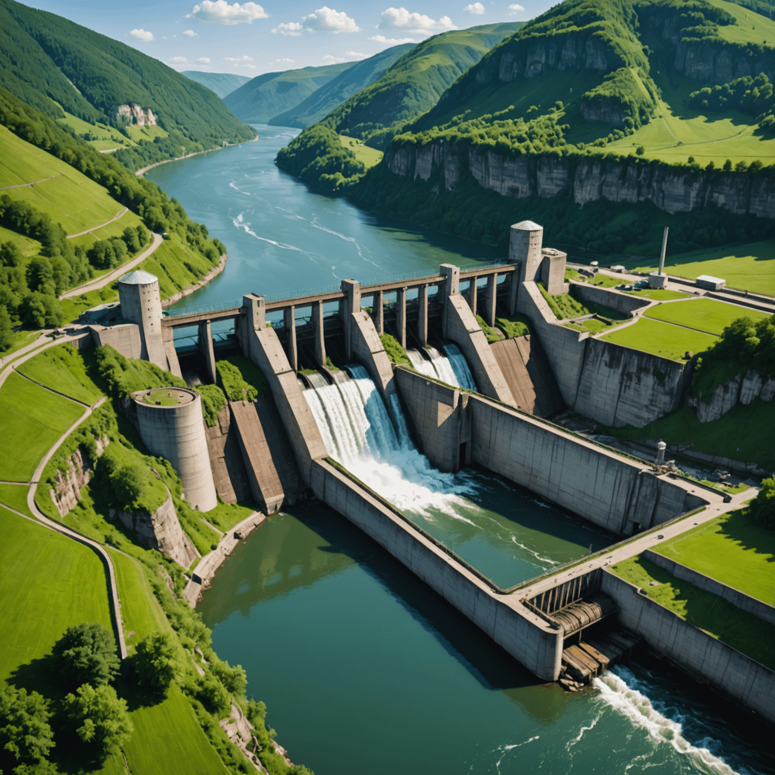 Ein Wasserkraftwerk an einem Fluss mit umliegender grüner Landschaft